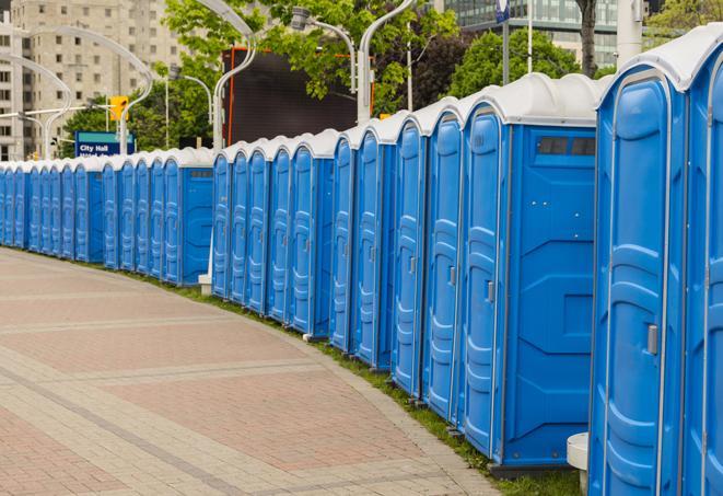 hygienic portable restrooms lined up at a music festival, providing comfort and convenience for attendees in Eatonton